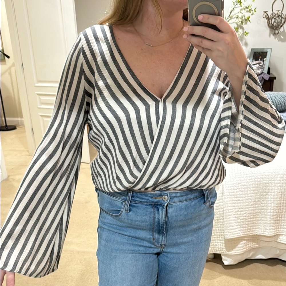 Striped V-Neck Bell Sleeve Top